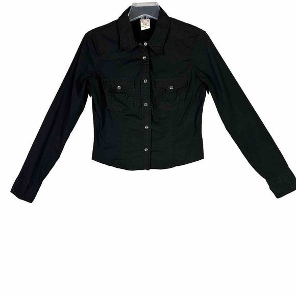 True Religion Woman Top Sz Medium Cropped Pearl Snaps Logo Pockets Raw Hem READ - Picture 1 of 14